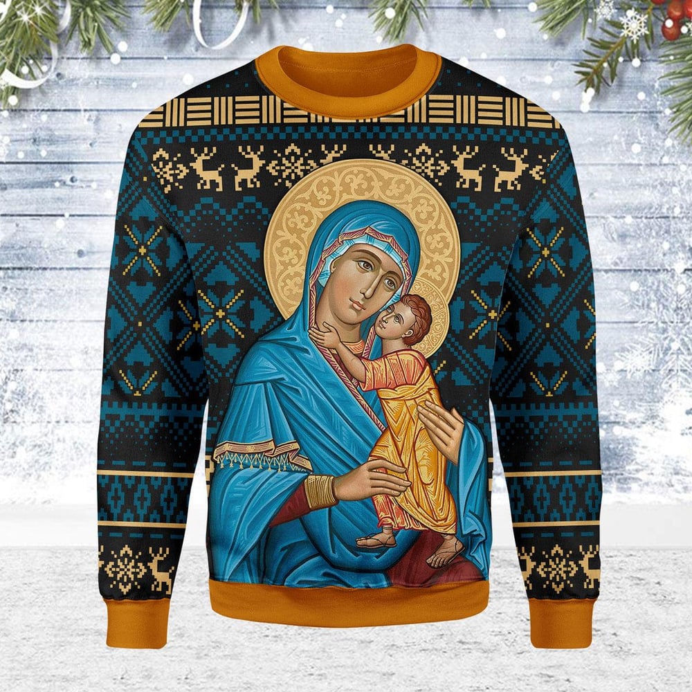 Blue Madonna Virgin Mary Christmas Sweater