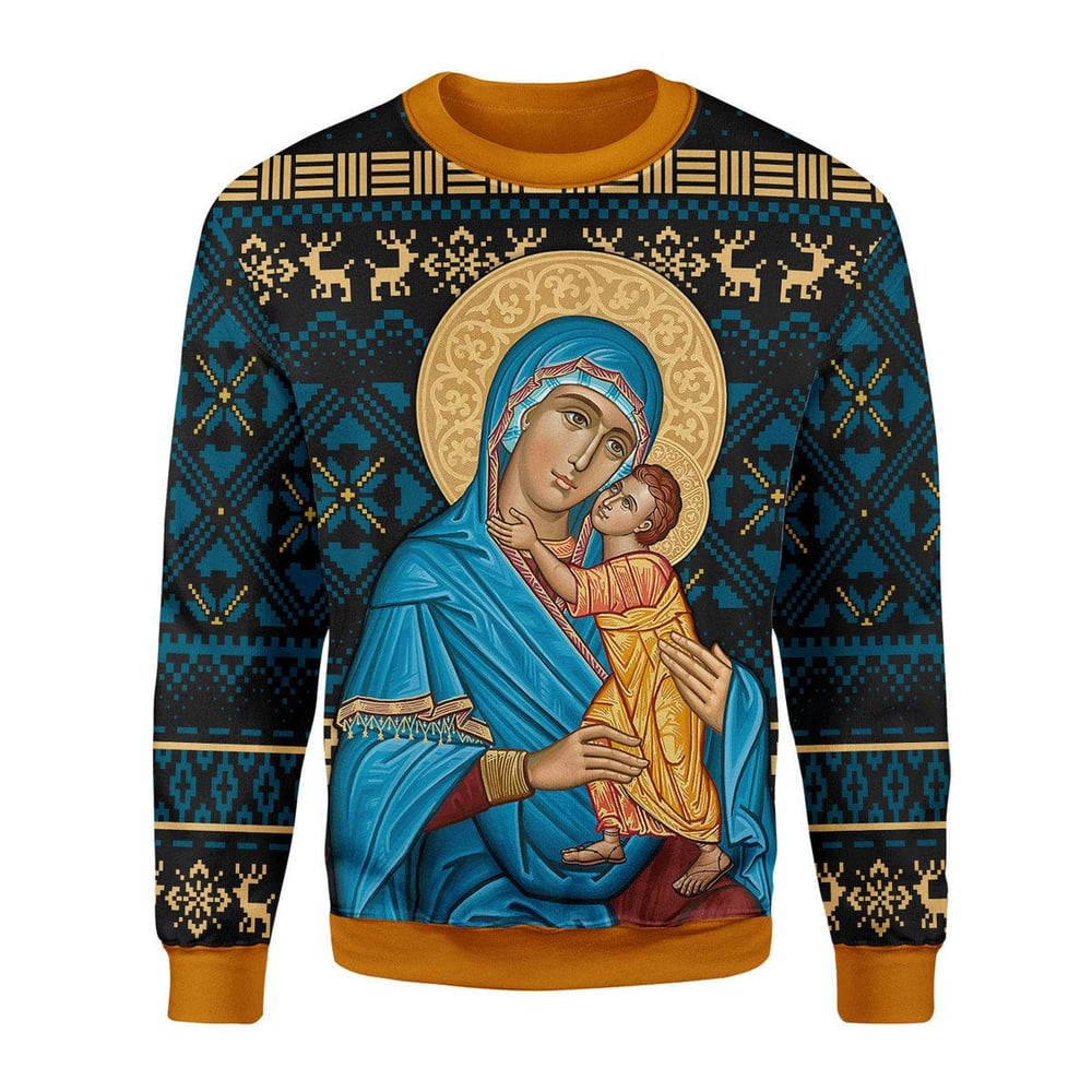 Blue Madonna Virgin Mary Christmas Sweater