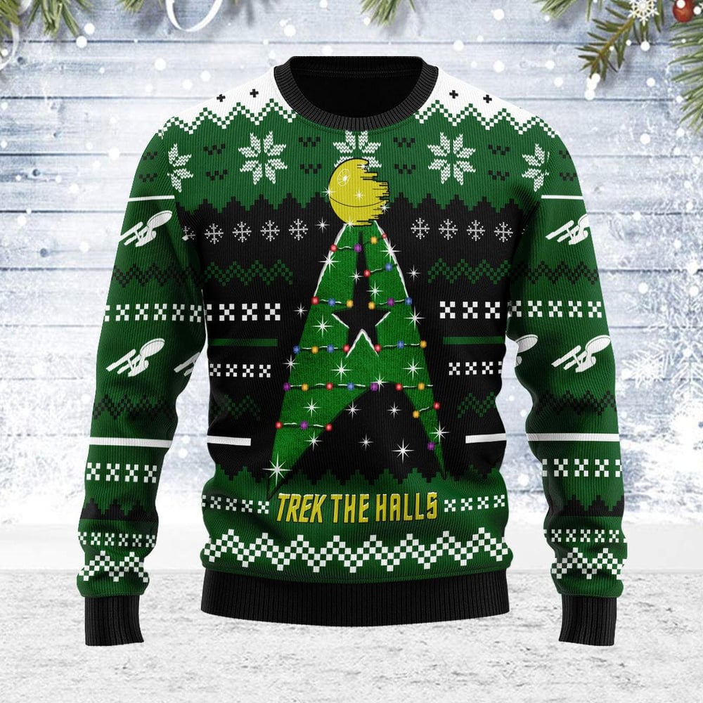 Star Trek The Halls Green Ugly Christmas Sweater