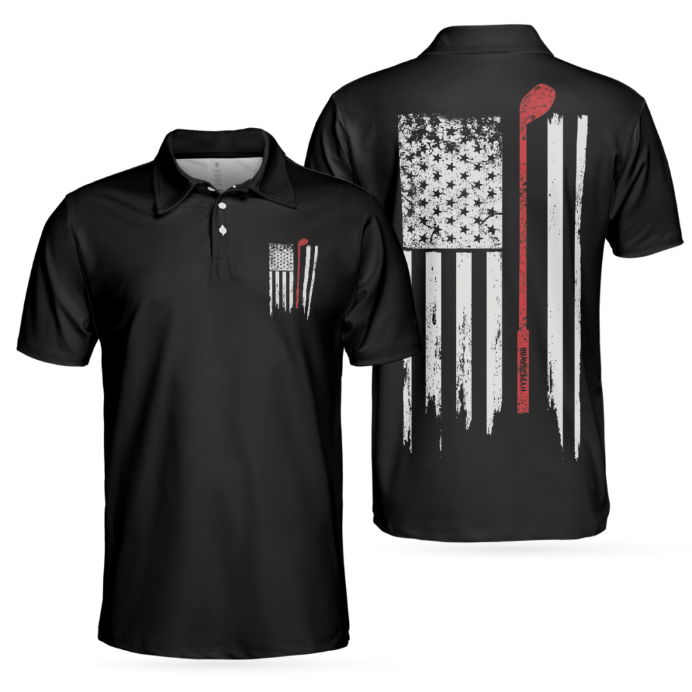 Golf Nation Short Sleeve Golf Polo Shirt, Black And White American Flag Polo Shirt, Patriotic Golf Shirt For Men