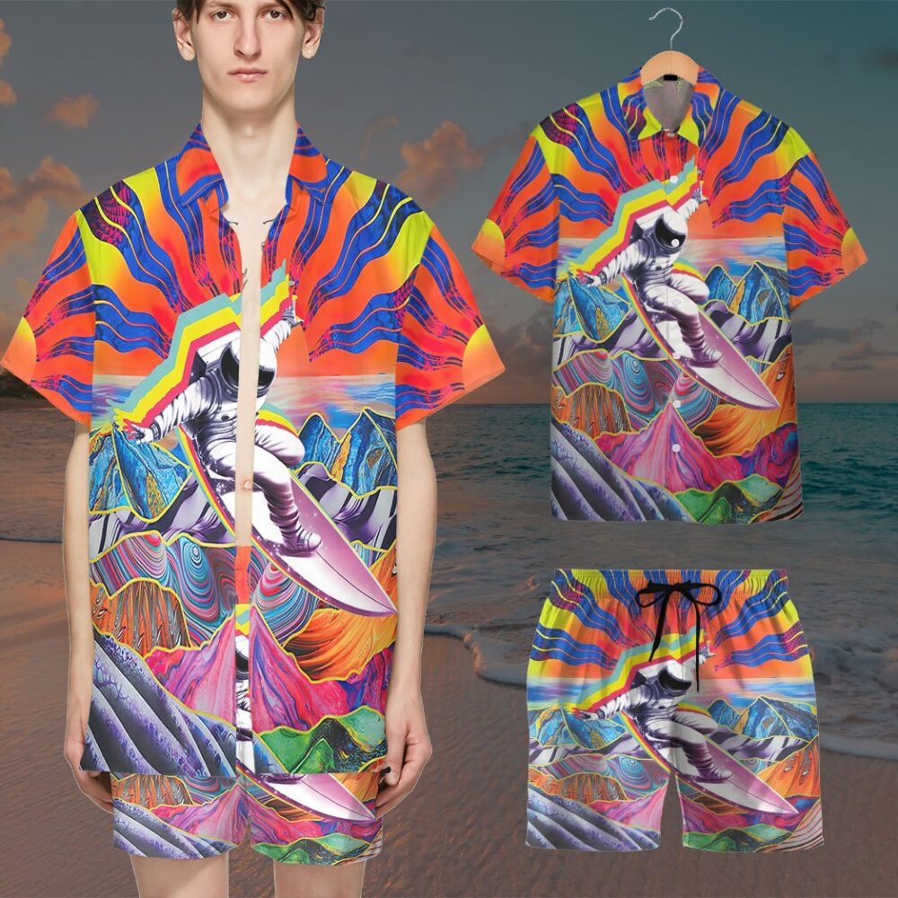 Astronaut Surfing In Hippie Trippy Mountain Custom Short Sleeve Shirt