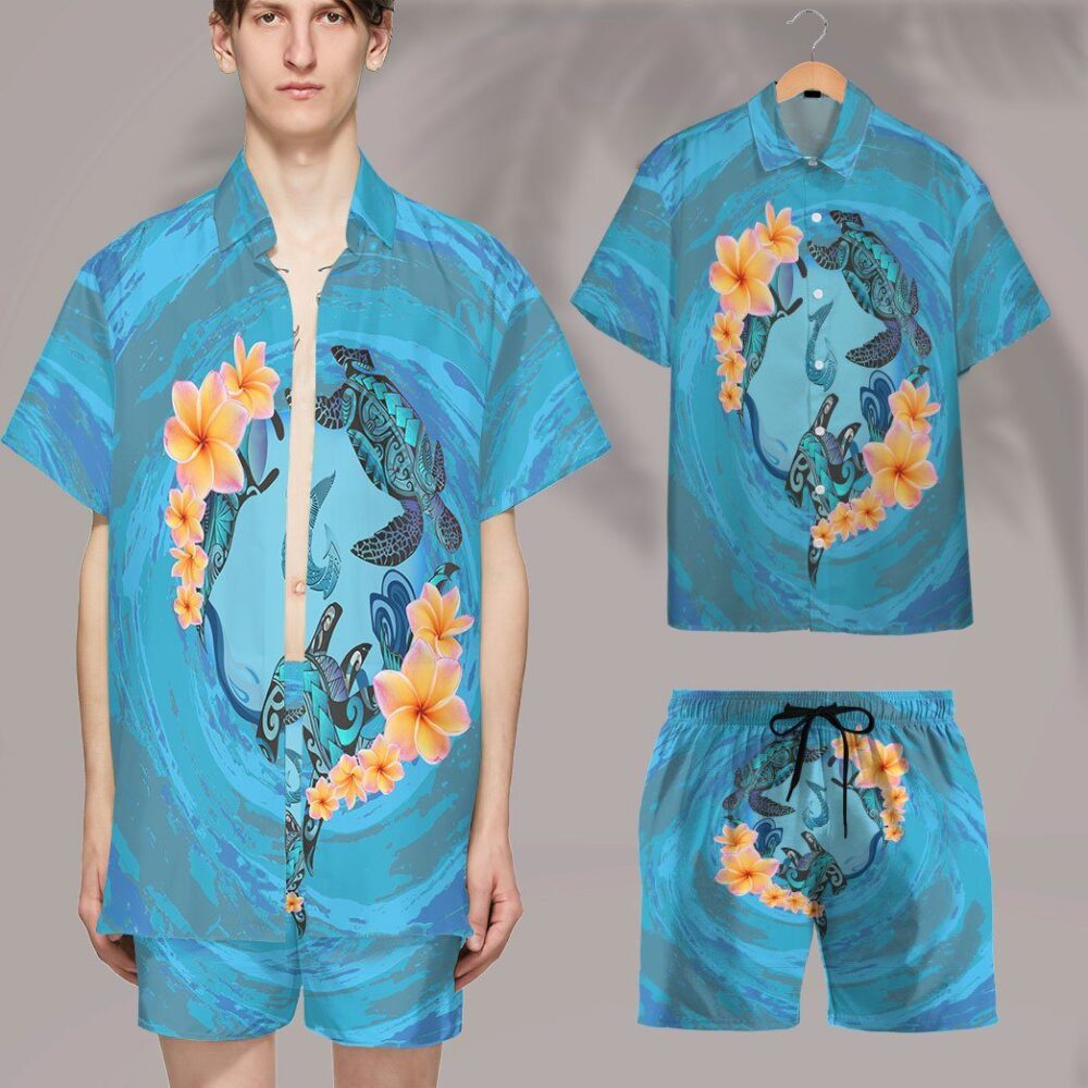 Blue Plumeria Maori Turtles Custom Short Sleeve Shirt