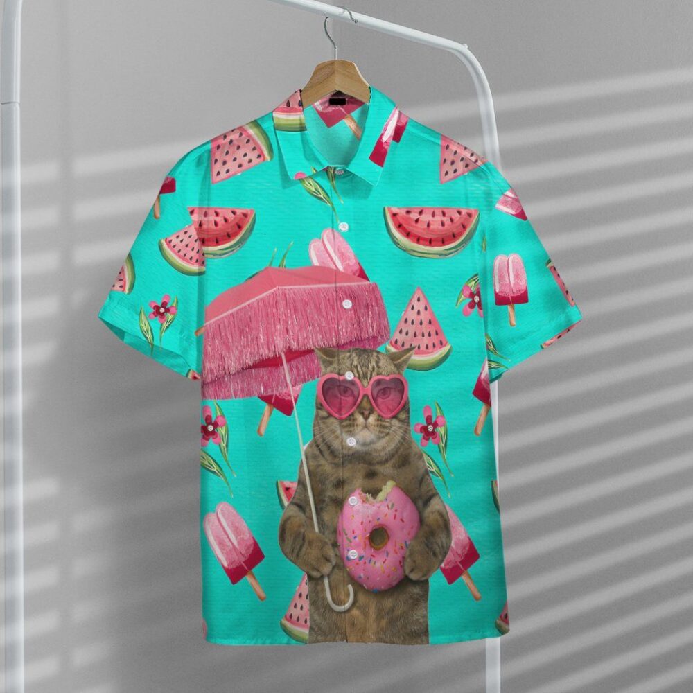 British Shorthair Cat In Sunglasses With A Pink Donut Custom Short Sleeve Shirt