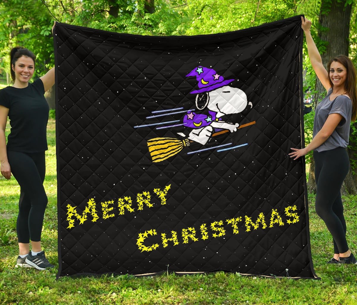 Merry Christmas Snoopy Witch Flying Broom Quilt Blanket