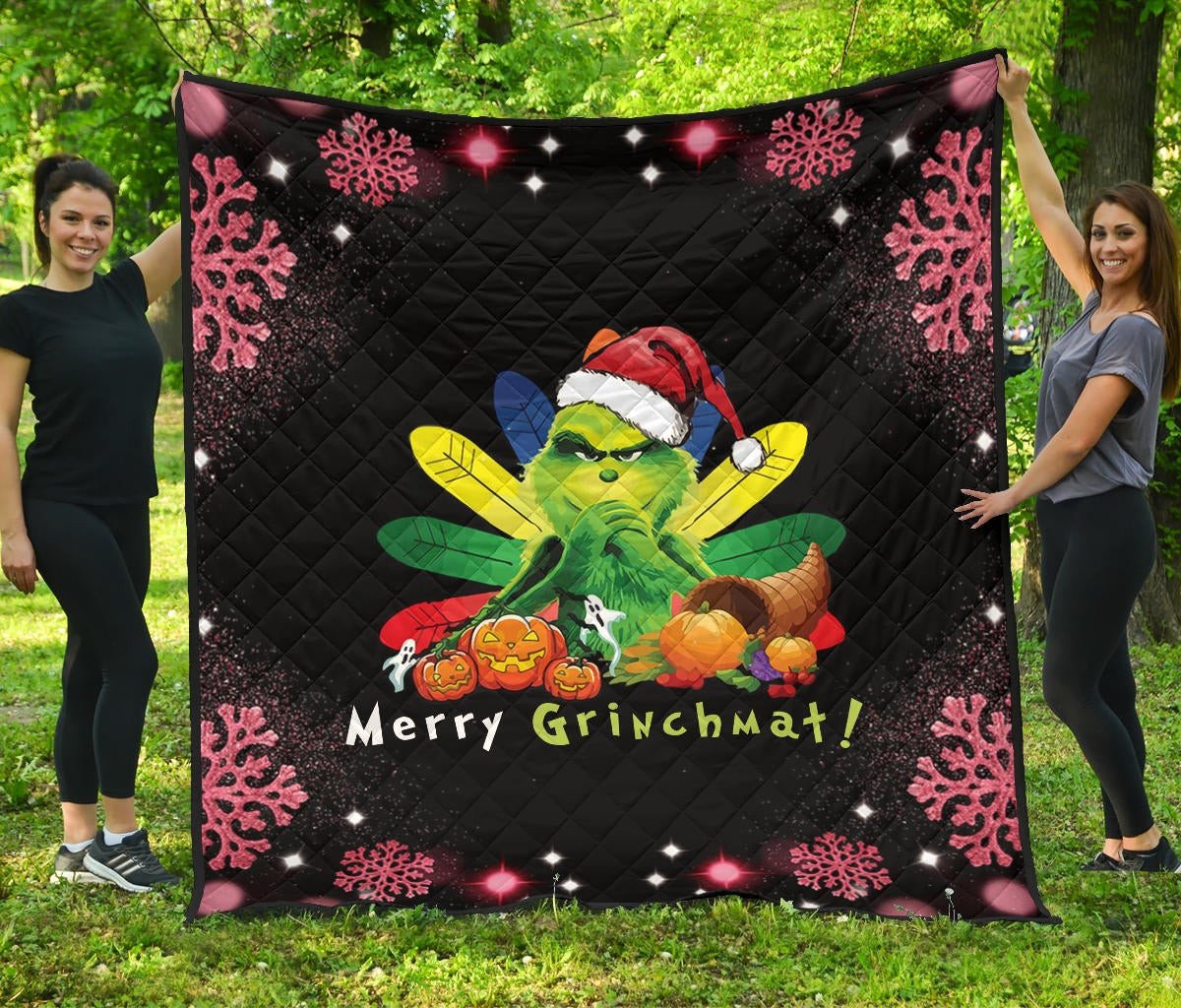 Merry Grinchmat Pumpkin Vegetables Pink Snowflake Quilt Blanket NA100403