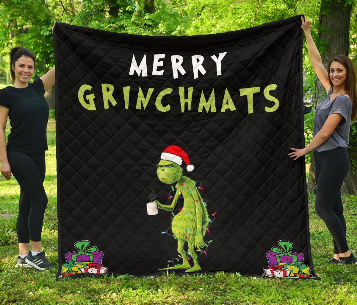 Merry Grinchmats Grumpy Grinch WIth Lights And Coffee Quilt Blanket