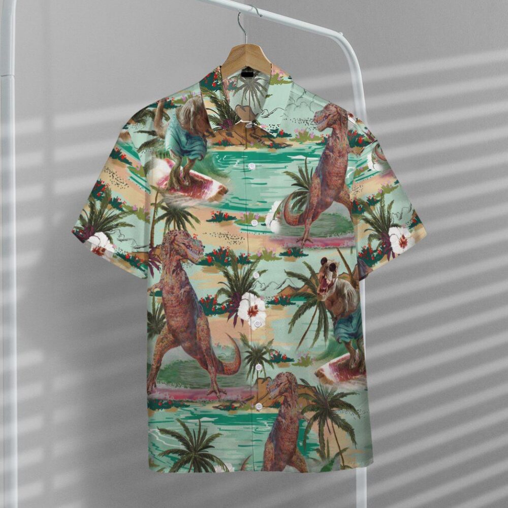 Dinosaurs Surfing Hawaiian Custom Short Sleeve Shirts