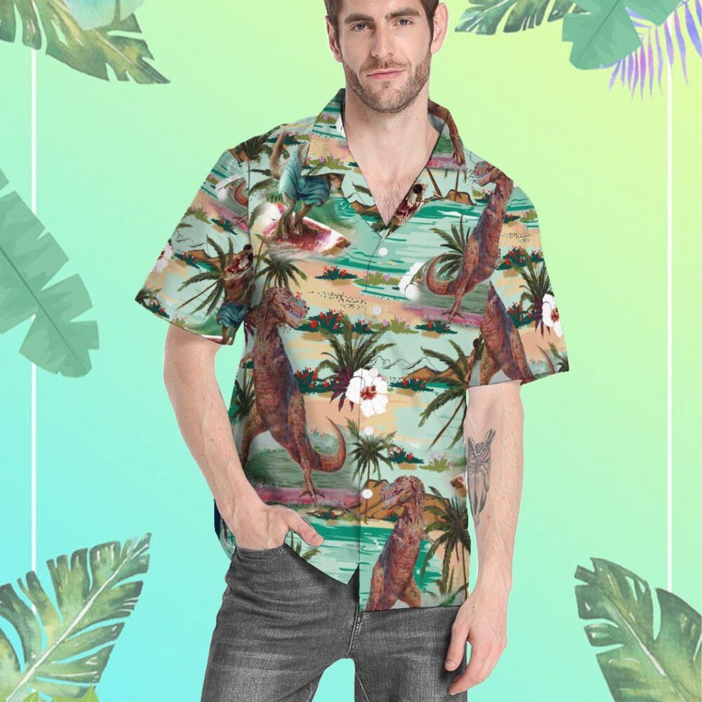 Dinosaurs Surfing Hawaiian Custom Short Sleeve Shirts