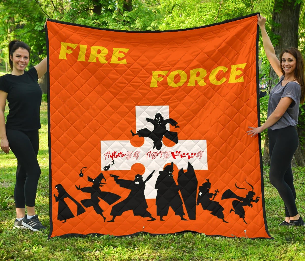 Fire Force Anime Premium Quilt Characters Silhouette Fighting Orange Yellow Text Quilt Blanket