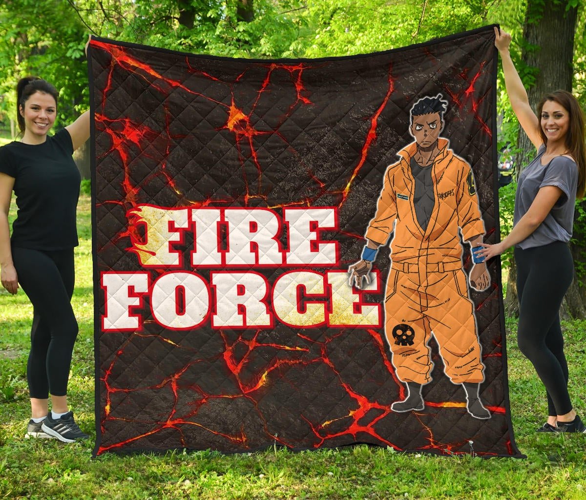 Fire Force Anime Premium Quilt Ogun Montgomery Wearing Orange Uniform Larsen Background Quilt Blanket