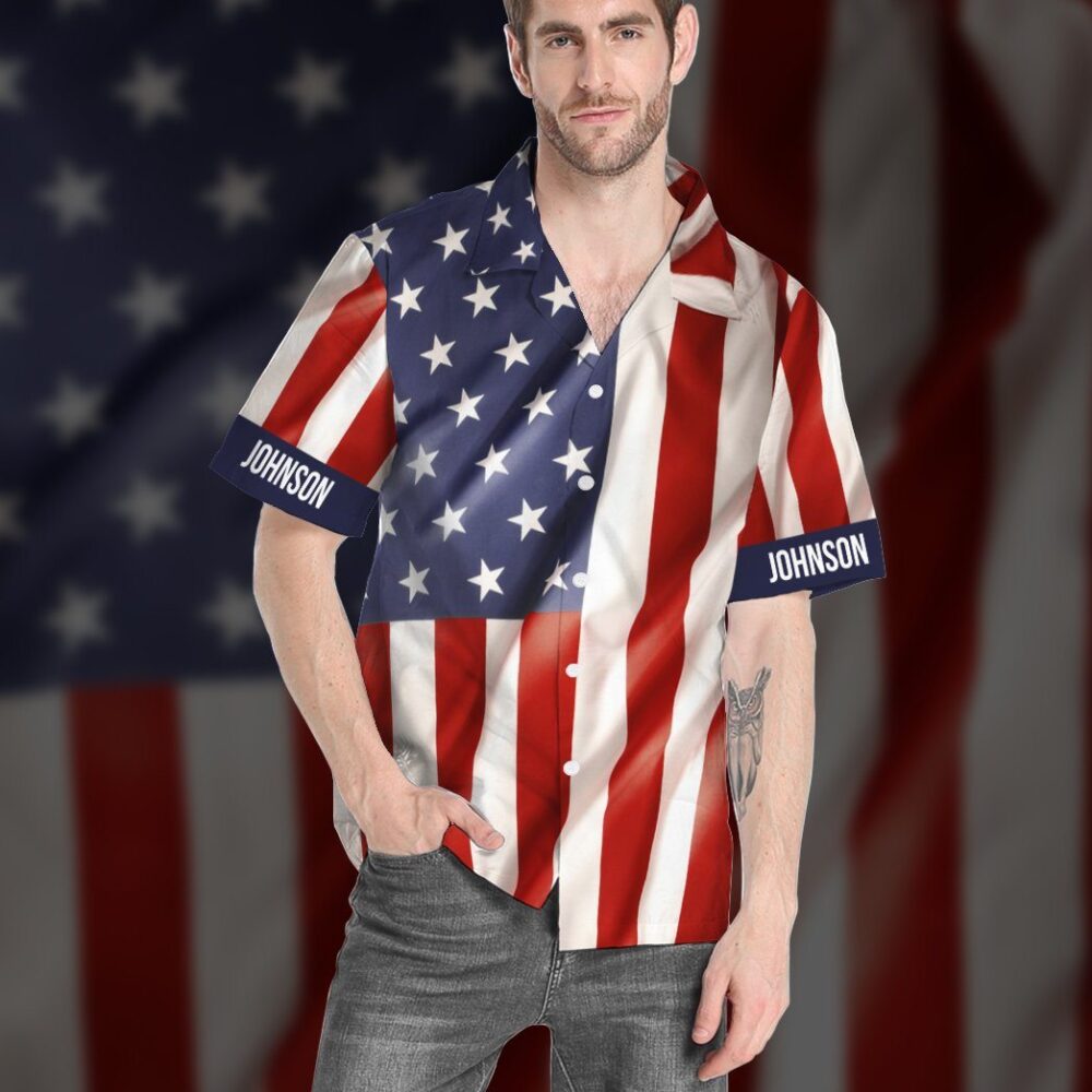 Fishing Hooked American Flag Custom Text Short Sleeve Shirt