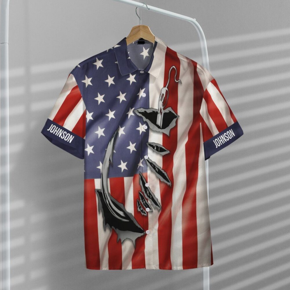 Fishing Hooked American Flag Custom Text Short Sleeve Shirt