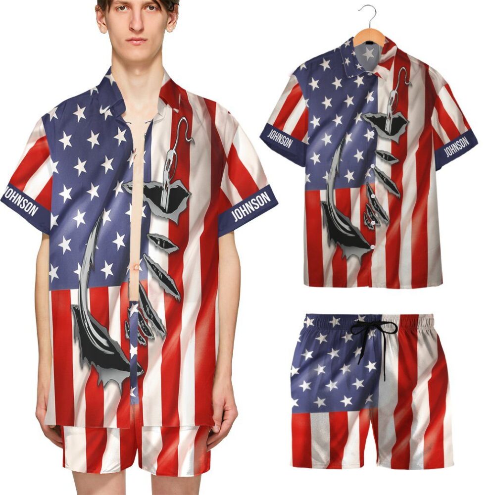 Fishing Hooked American Flag Custom Text Short Sleeve Shirt