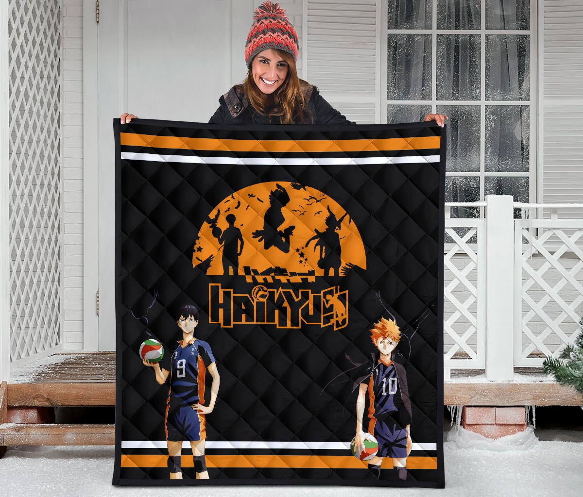 Haikyuu Anime Premium Quilt Hinata Shoyo And Kageyama Play Volleyball Silhouette Quilt Blanket 8828