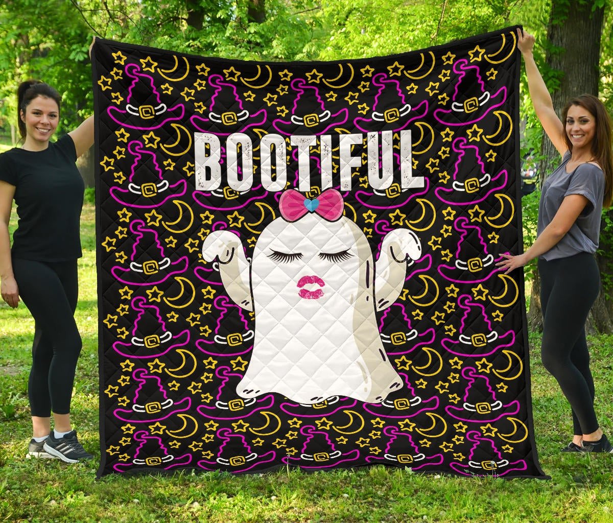 Halloween Premium Quilt | Cute Bootiful Ghost Make A Wish Witch Hat Quilt Blanket