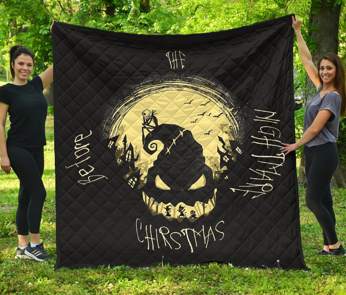 Halloween Premium Quilt | Jack Skellington On Hill Oogie Boogie Hat Silhouette Quilt Blanket