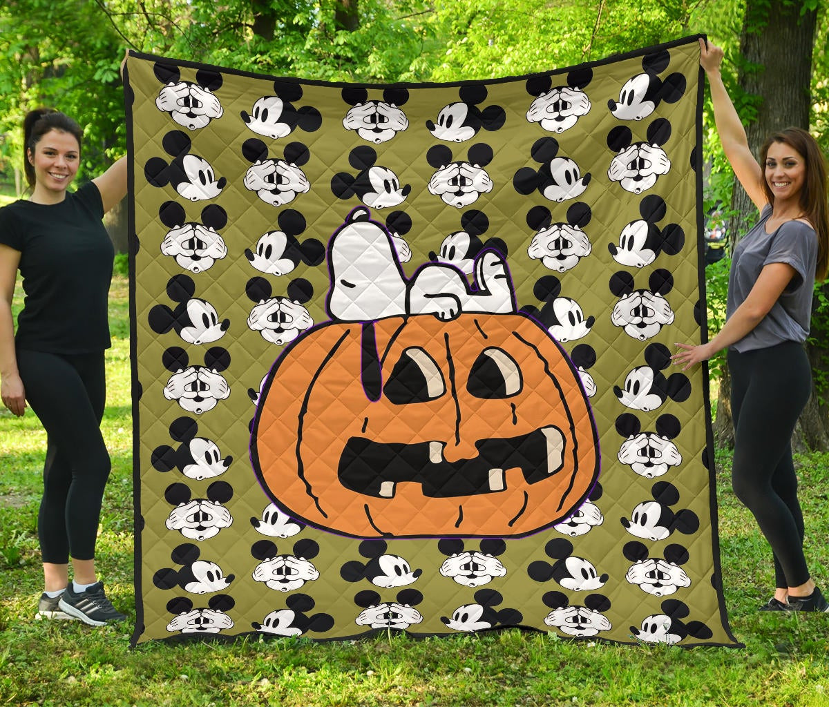 Halloween Premium Quilt | Snoopy Sleeping On Pumpkin Mickey Face Patterns Quilt Blanket