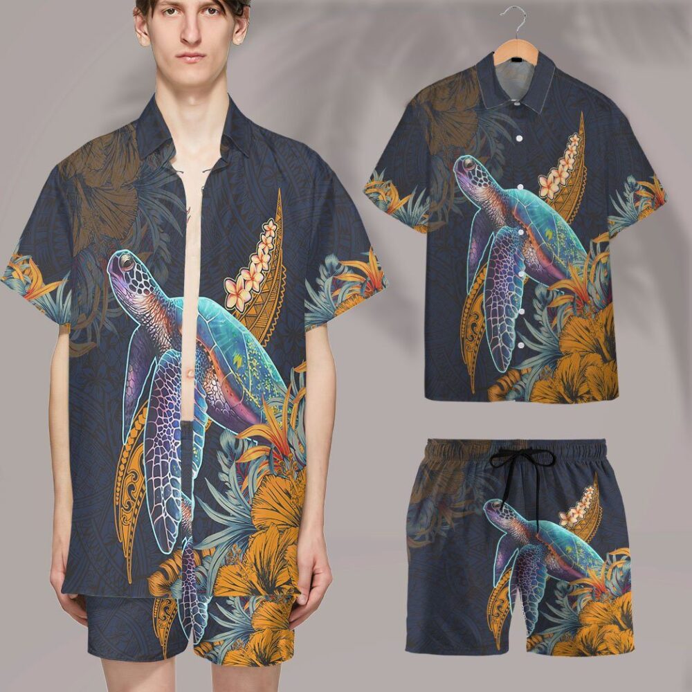 Hawaiian Polynesian Sea Turtle Hibiscus Custom Short Sleeve Shirt