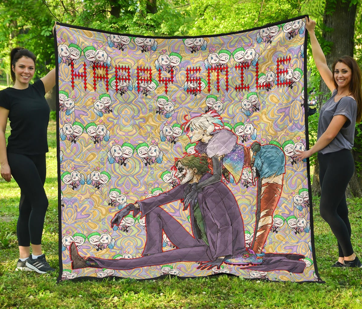 Horror Movie Joker And Harley Quinn Happy Smile Chibi Patterns Premium Quilt Blanket