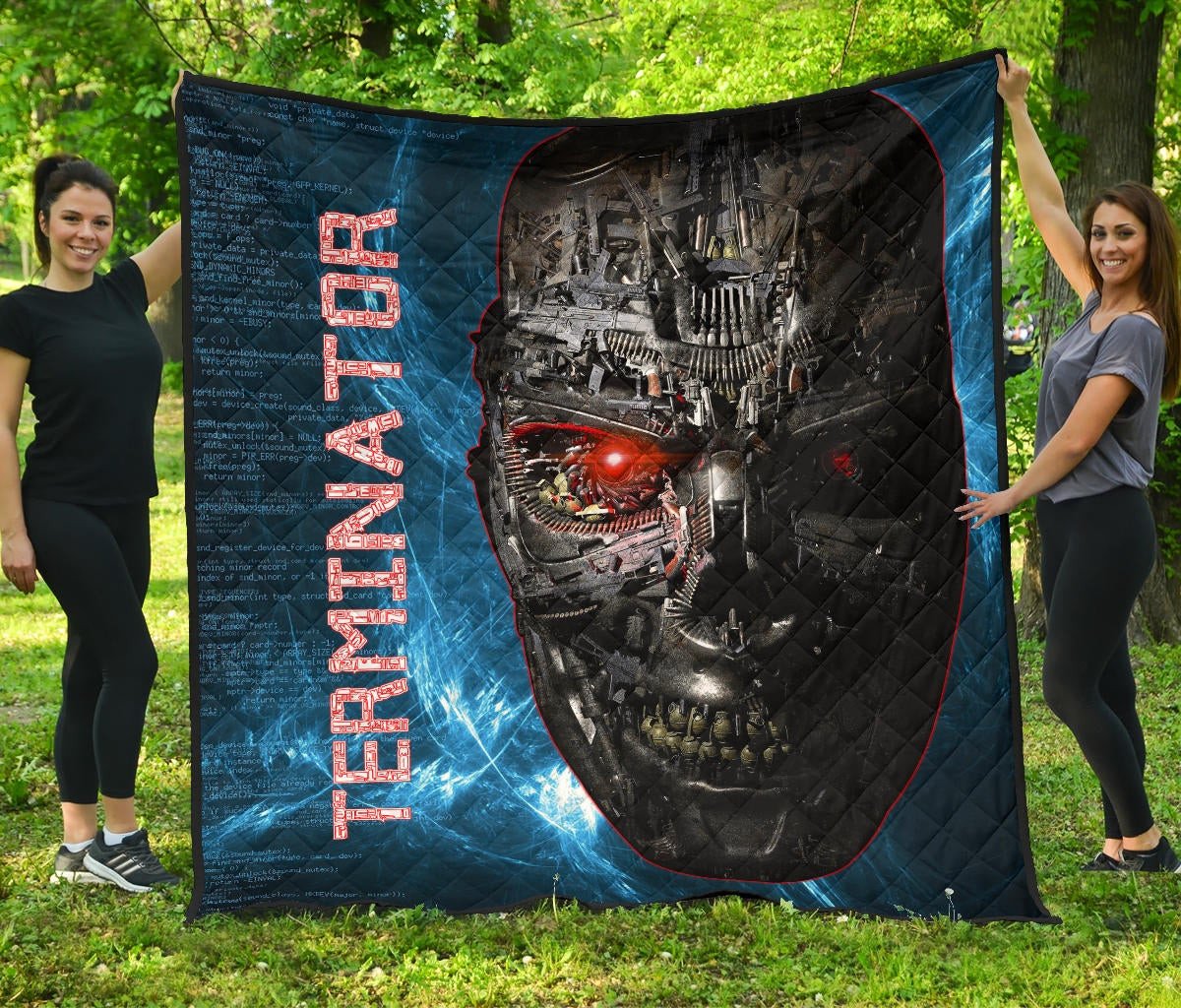 Horror Movie The Terminator Robot Face Blue Data Premium Quilt Blanket