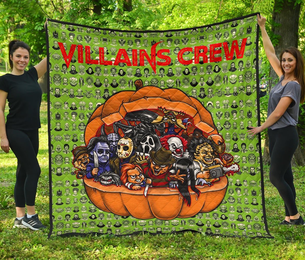 Horror Movie Villains Crew In Pumpkin Green Patterns Premium Quilt Blanket