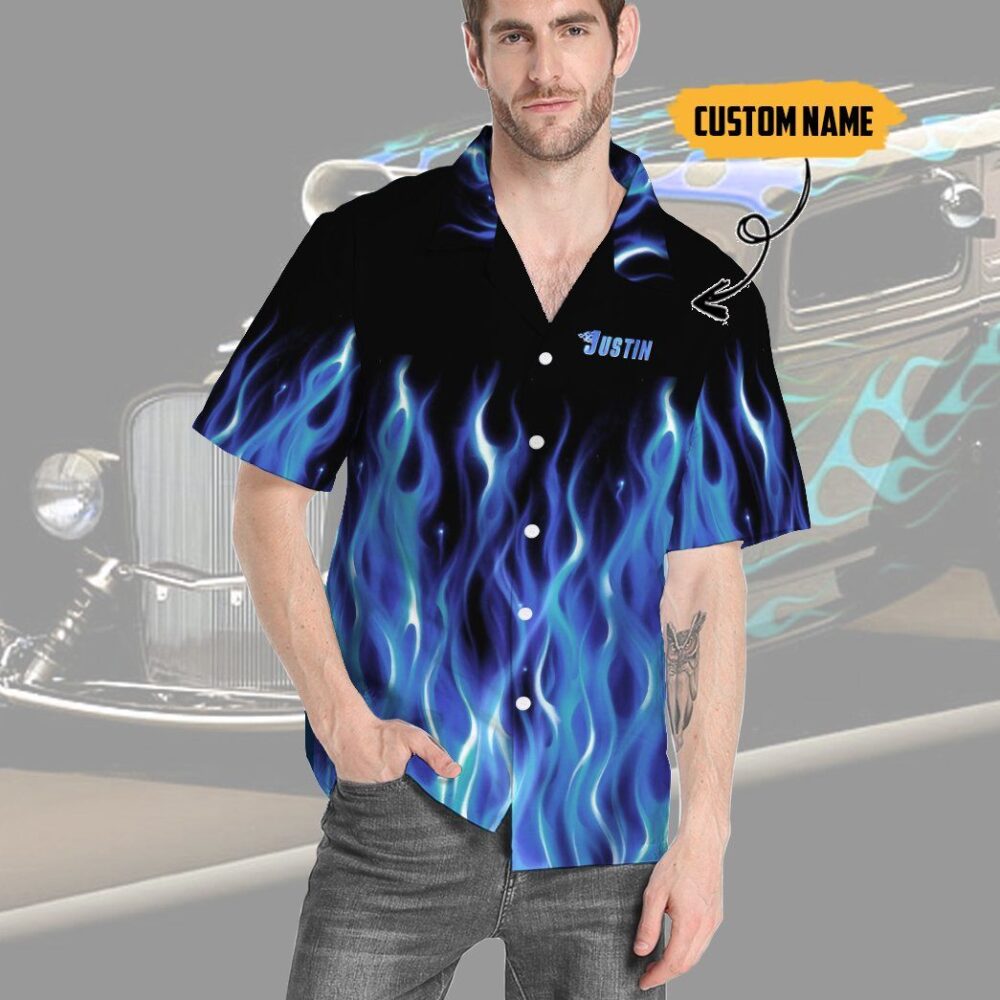 Hot Rod Blue Flame Bowling Custom Name Hawaii Shirt