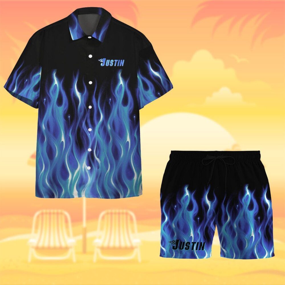 Hot Rod Blue Flame Bowling Custom Name Hawaii Shirt