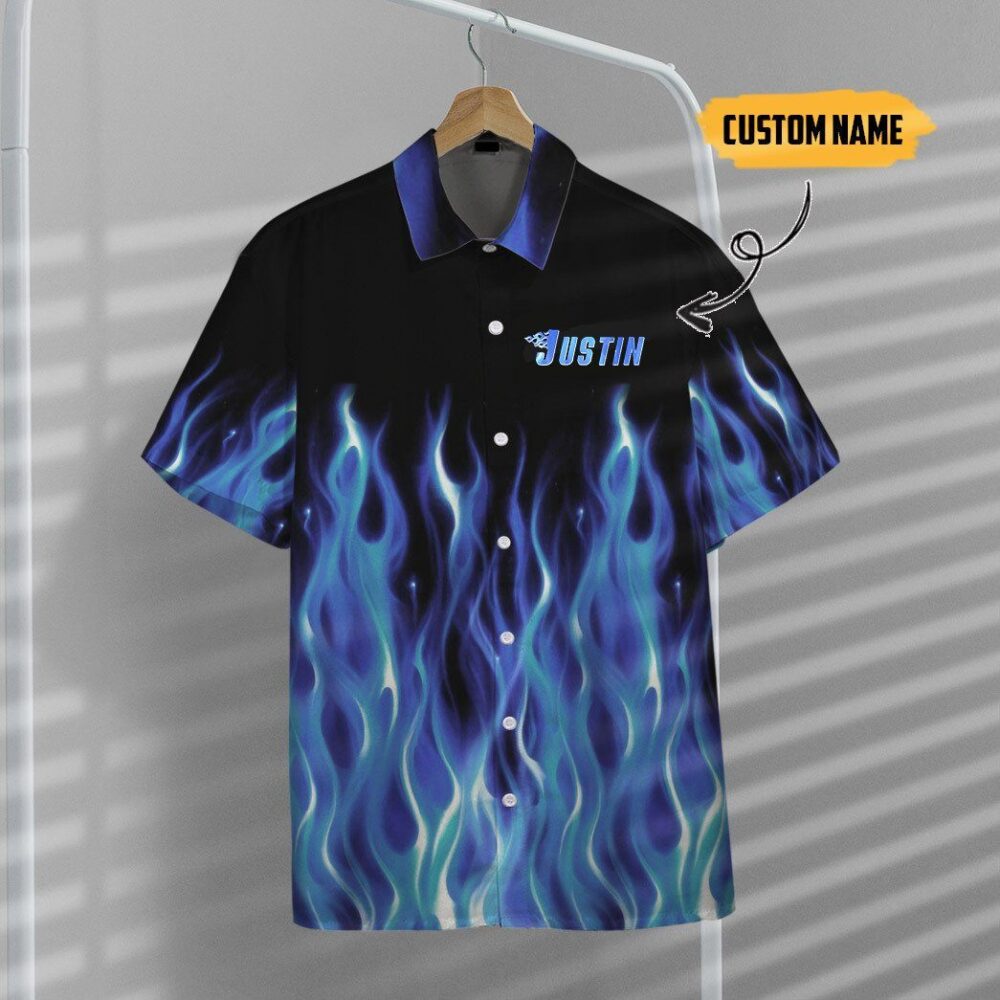 Hot Rod Blue Flame Bowling Custom Name Hawaii Shirt