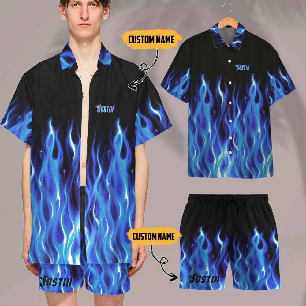 Hot Rod Blue Flame Bowling Custom Name Hawaii Shirt