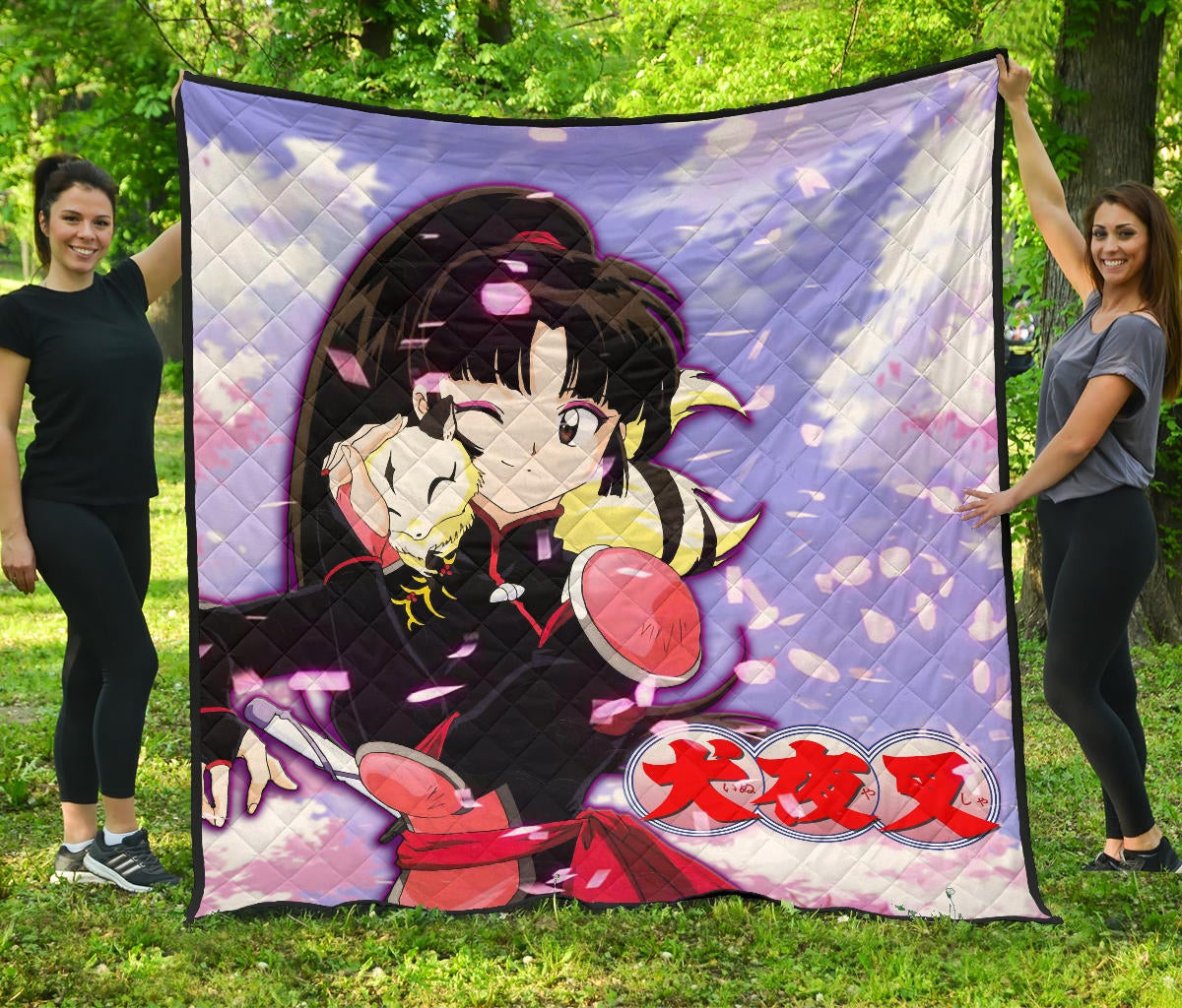 Inuyasha Anime Premium Quilt Sango And Kirara Hugging Sakura Blossom Kanji Text Quilt Blanket