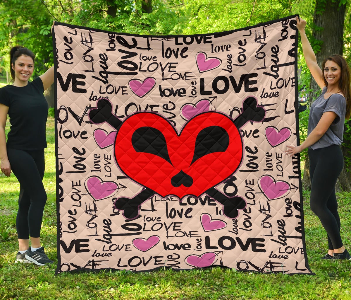 Love Premium Quilt – Love Text Patterns Skull Heart Symbol Quilt Blanket