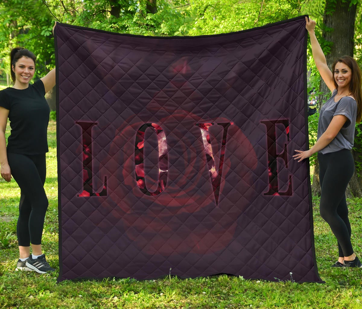 Love Premium Quilt – LOVE Text Rose Flower Black Background Quilt Blanket