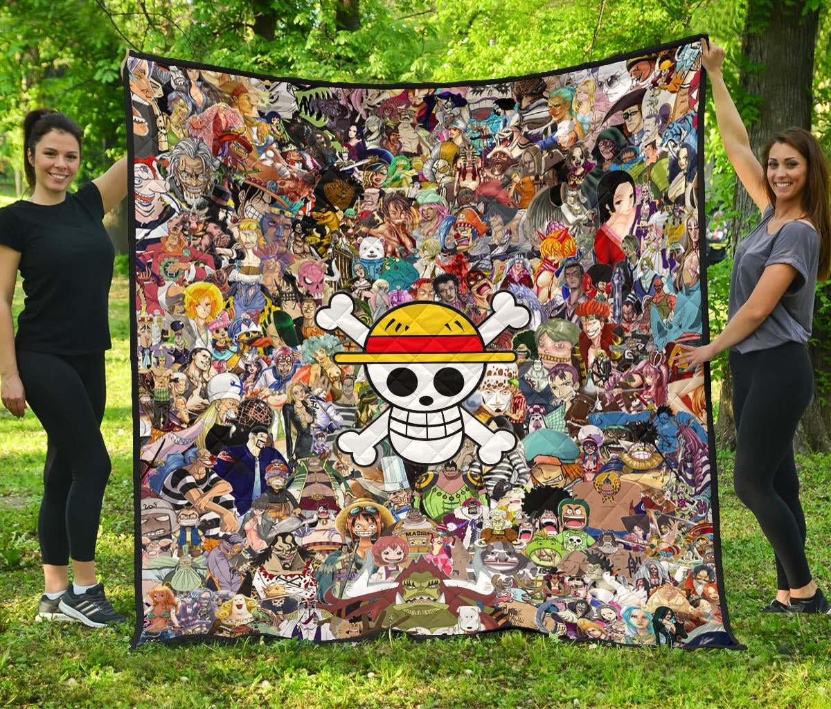 One Piece Anime Premium Quilt – Full Characters Background Big Skull Pirate Symbol Quilt Blanket