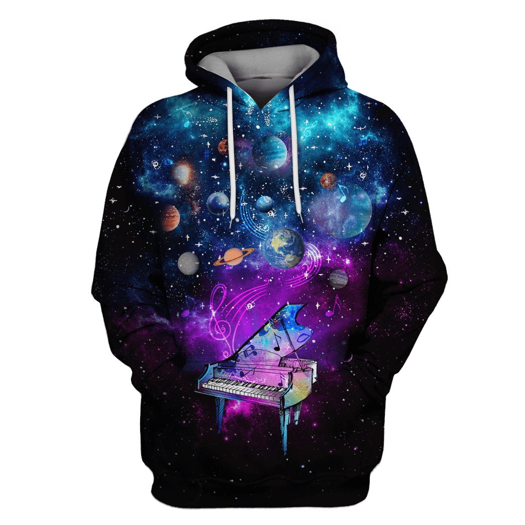 Playing piano in the space with many planets Custom T-Shirt Hoodie Apparel