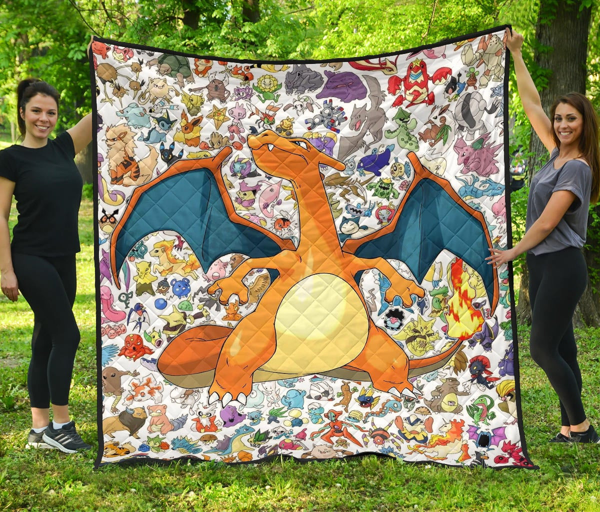 Pokemon Anime Premium Quilt – Charizard Flame Dragon Tiny Pokemon Patterns Background Quilt Blanket