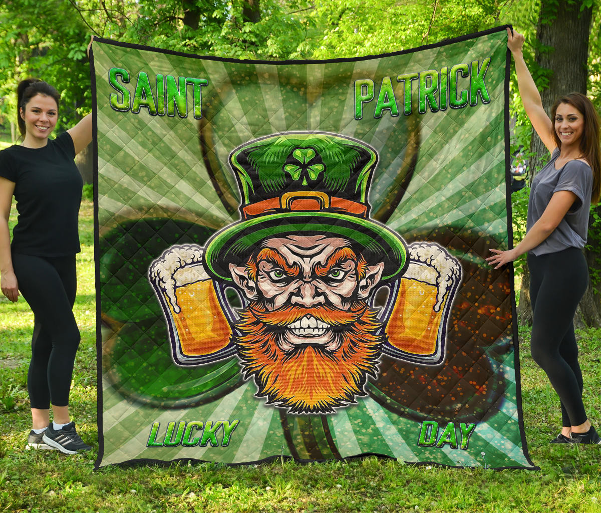 Saint Patrick’s Leprechauns Beers Shamrock Spiral Green White Premium Quilt Blanket