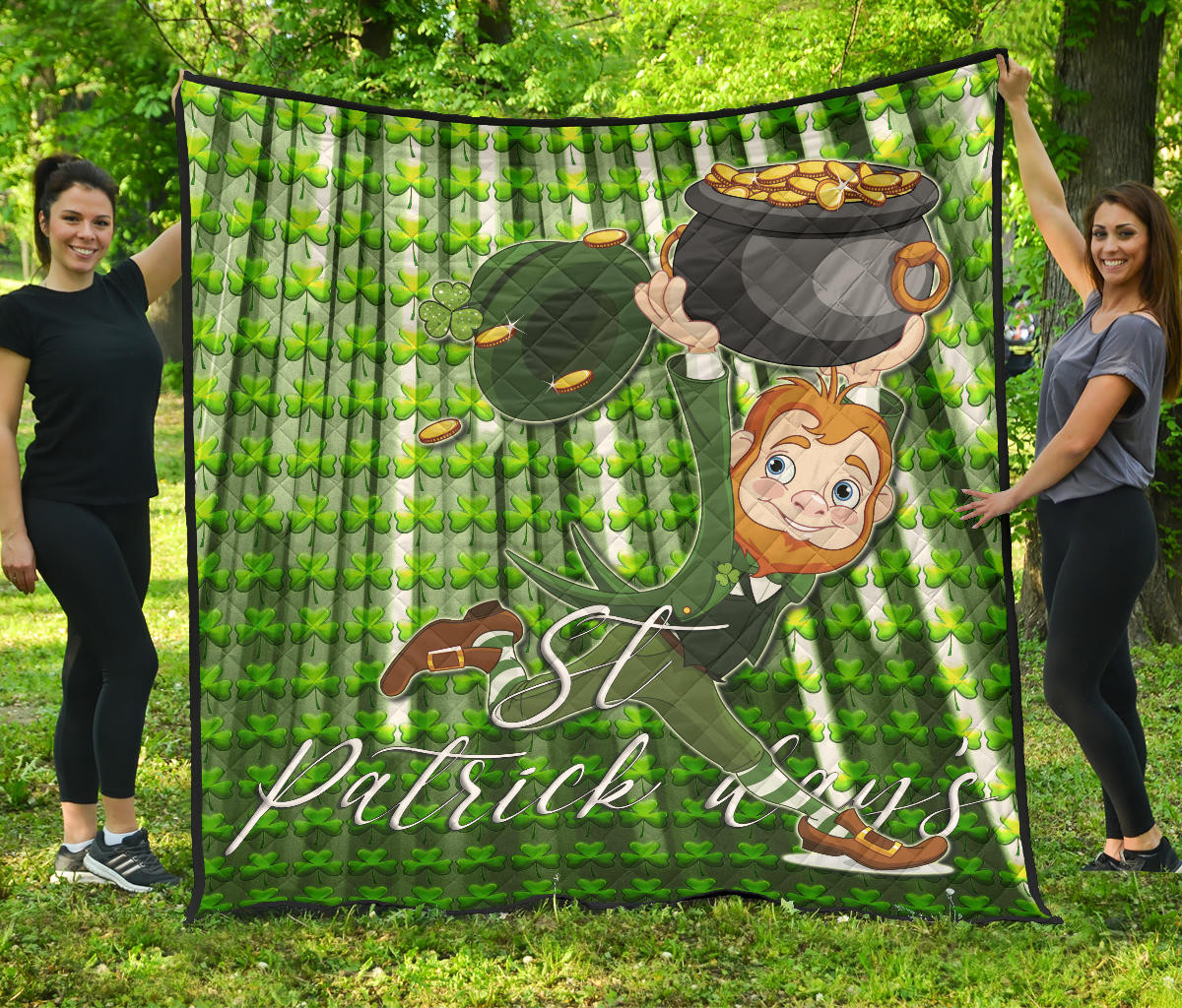 Saint Patrick’s Leprechauns Stealing Pot Of Gold Coins Premium Quilt Blanket