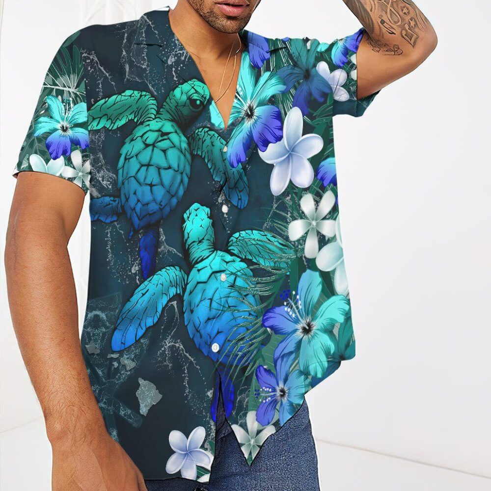 Sea Turtle Tropical Hibiscus And Plumeria Blue Hawaii Shirt