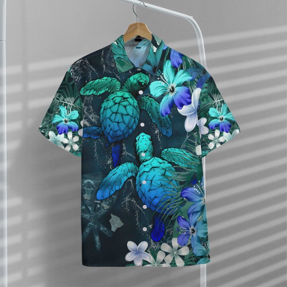 Sea Turtle Tropical Hibiscus And Plumeria Blue Hawaii Shirt