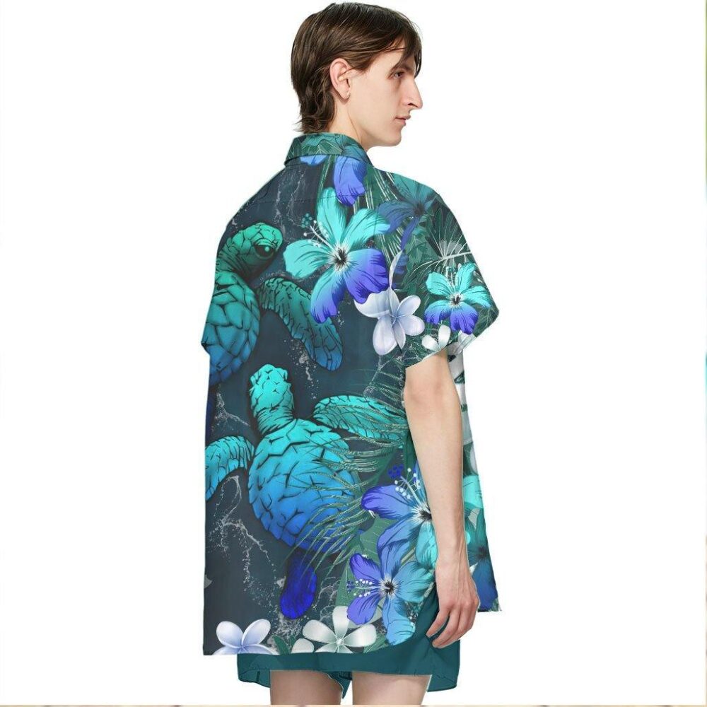 Sea Turtle Tropical Hibiscus And Plumeria Blue Hawaii Shirt