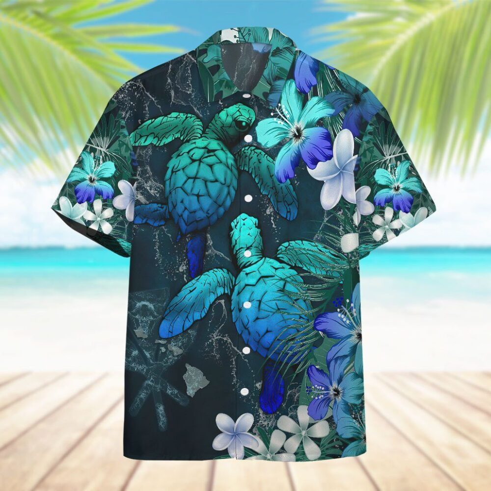 Sea Turtle Tropical Hibiscus And Plumeria Blue Hawaii Shirt