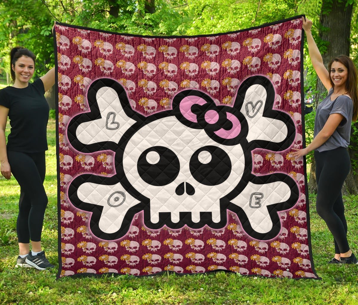 Skull Premium Quilt – Feminine Skull Sign With Sunflower Patterns Quilt Blanket