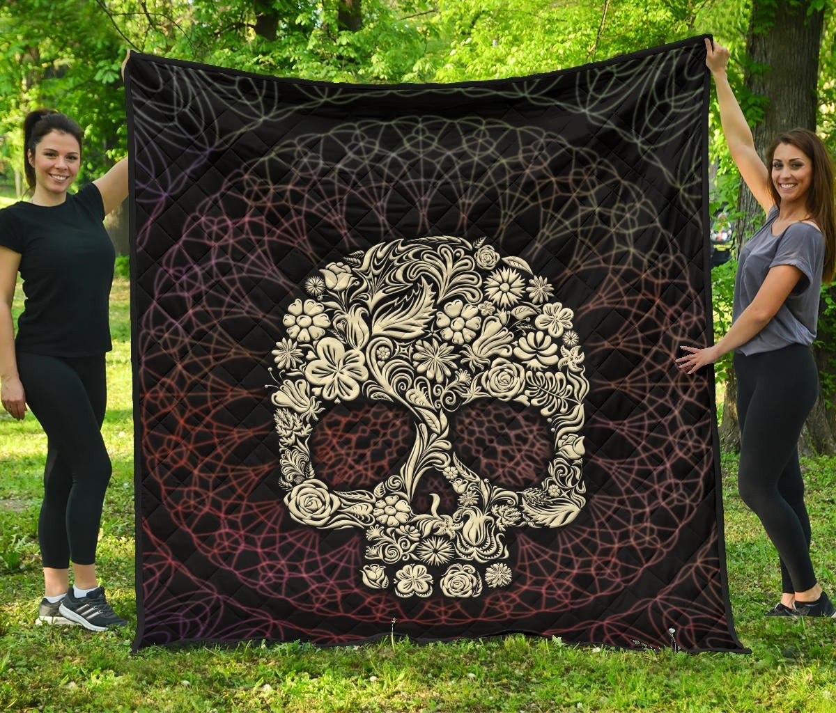 Skull Premium Quilt – Floral Gorgeous Mandala Skull Artwork Quilt Blanket