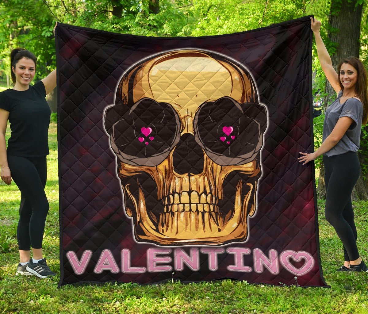 Skull Premium Quilt – Golden Skull Hearts Eyes Happy Valentino Quilt Blanket