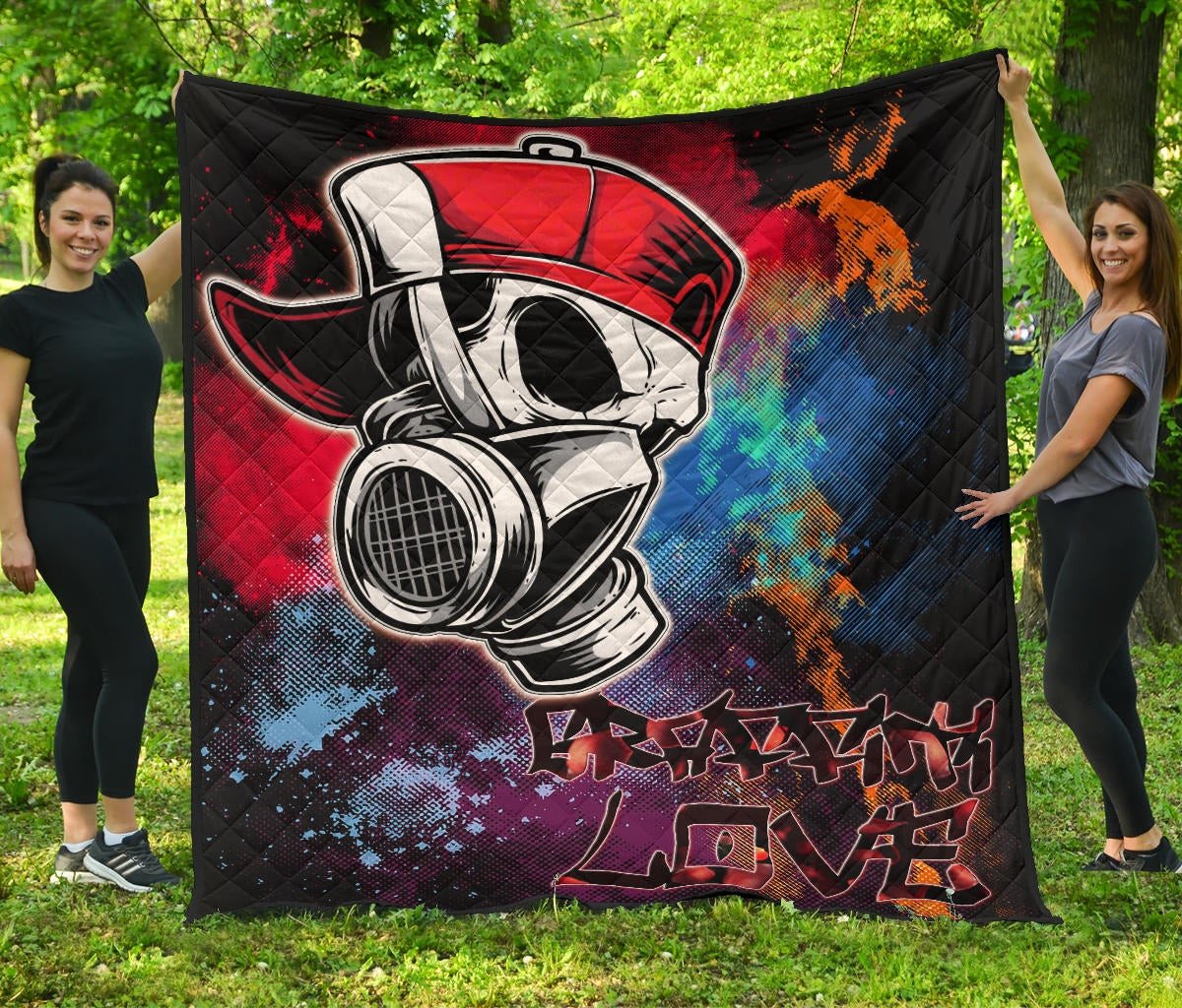 Skull Premium Quilt – Graffiti Love Skull Wearing Street Style Hat Quilt Blanket