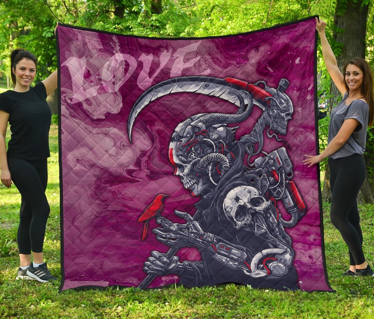 Skull Premium Quilt – Machine Cyborg Skull Death Reaper In Love Quilt Blanket