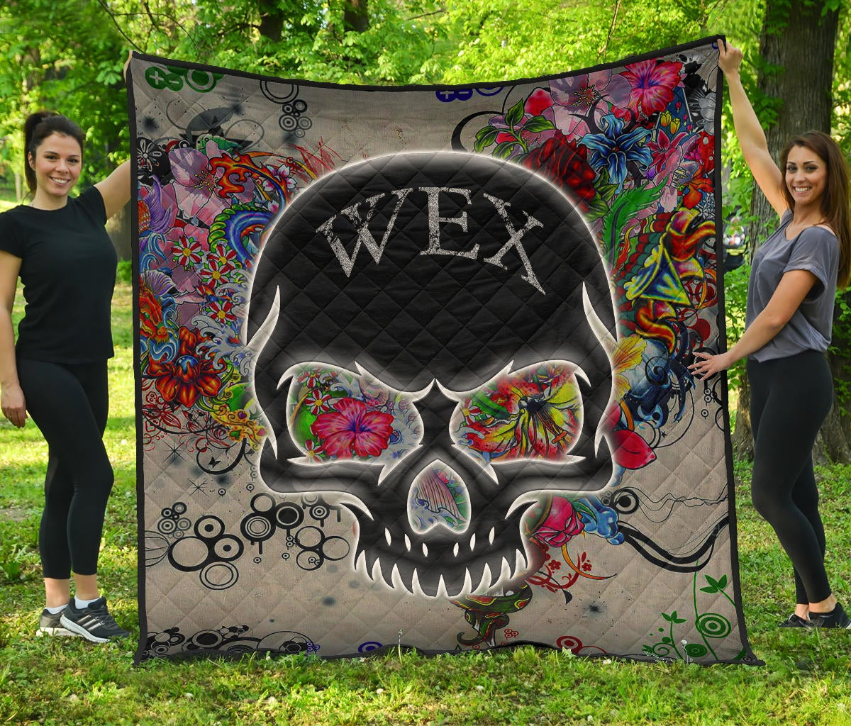 Skull Premium Quilt – Neon Skull Love Colorful Graffiti Tattoo Quilt Blanket