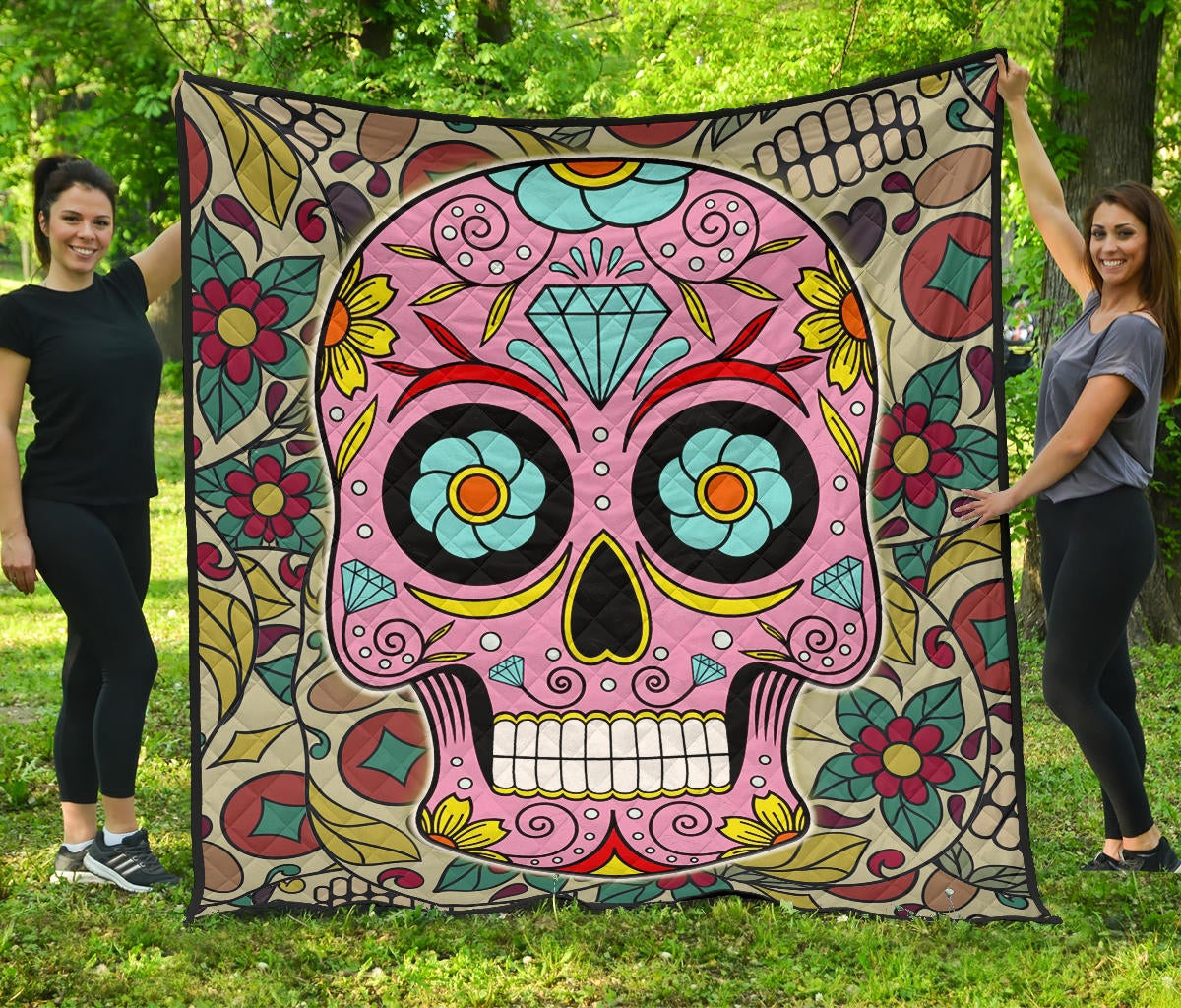 Skull Premium Quilt – Pink Mandala Skull Floral Skull Patterns Quilt Blanket