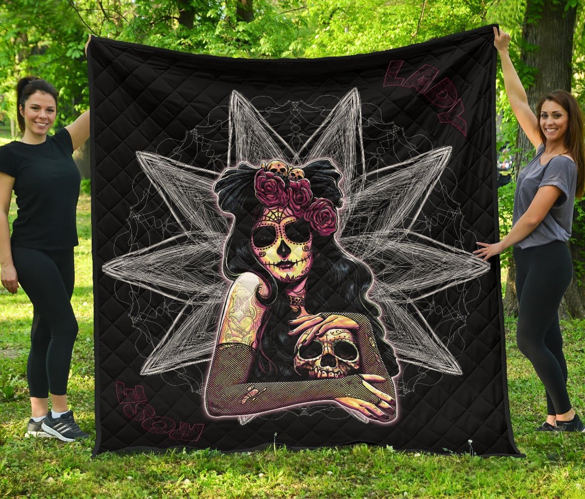 Skull Premium Quilt – Pretty Death Rose Lady Hug Skull Head Quilt Blanket