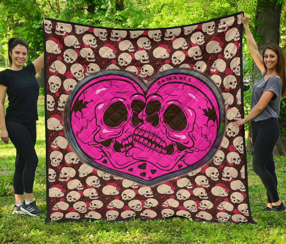 Skull Premium Quilt – Romantic Couple Skull Love Pink Heart Patterns Quilt Blanket